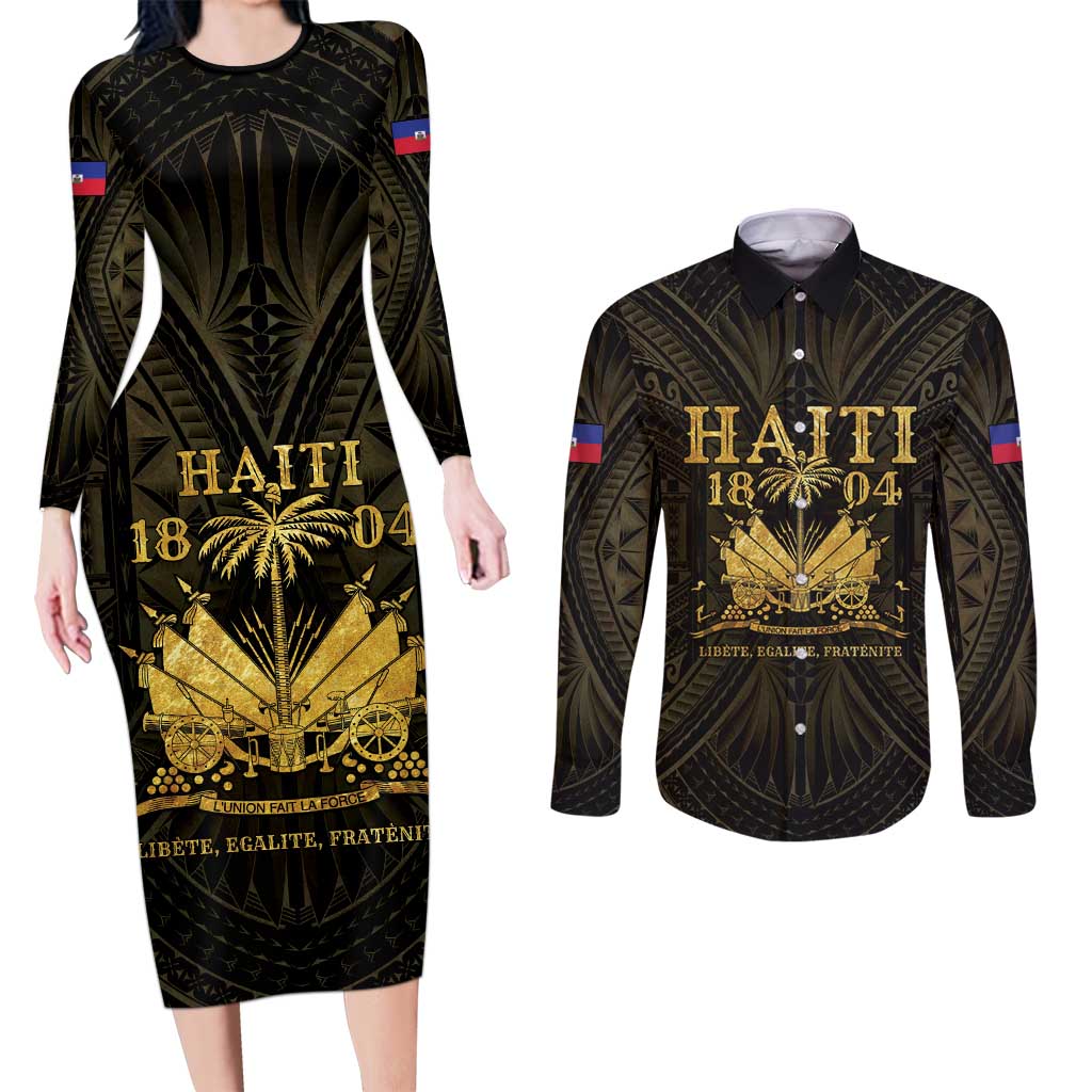 Haiti 1804 Couples Matching Long Sleeve Bodycon Dress and Long Sleeve Button Shirt Polynesian Gold Neg Maron