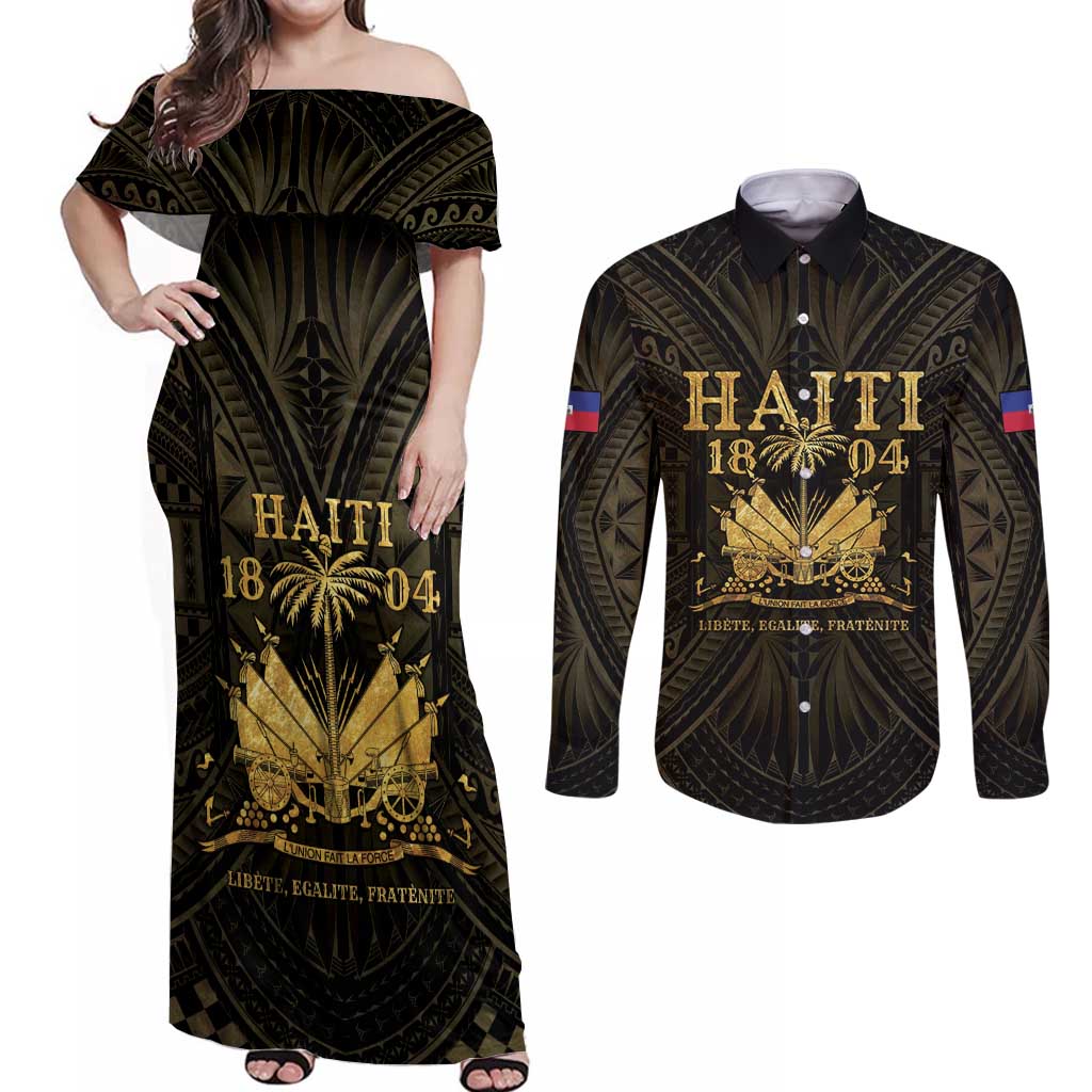 Haiti 1804 Couples Matching Off Shoulder Maxi Dress and Long Sleeve Button Shirt Polynesian Gold Neg Maron