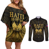 Haiti 1804 Couples Matching Off Shoulder Short Dress and Long Sleeve Button Shirt Polynesian Gold Neg Maron