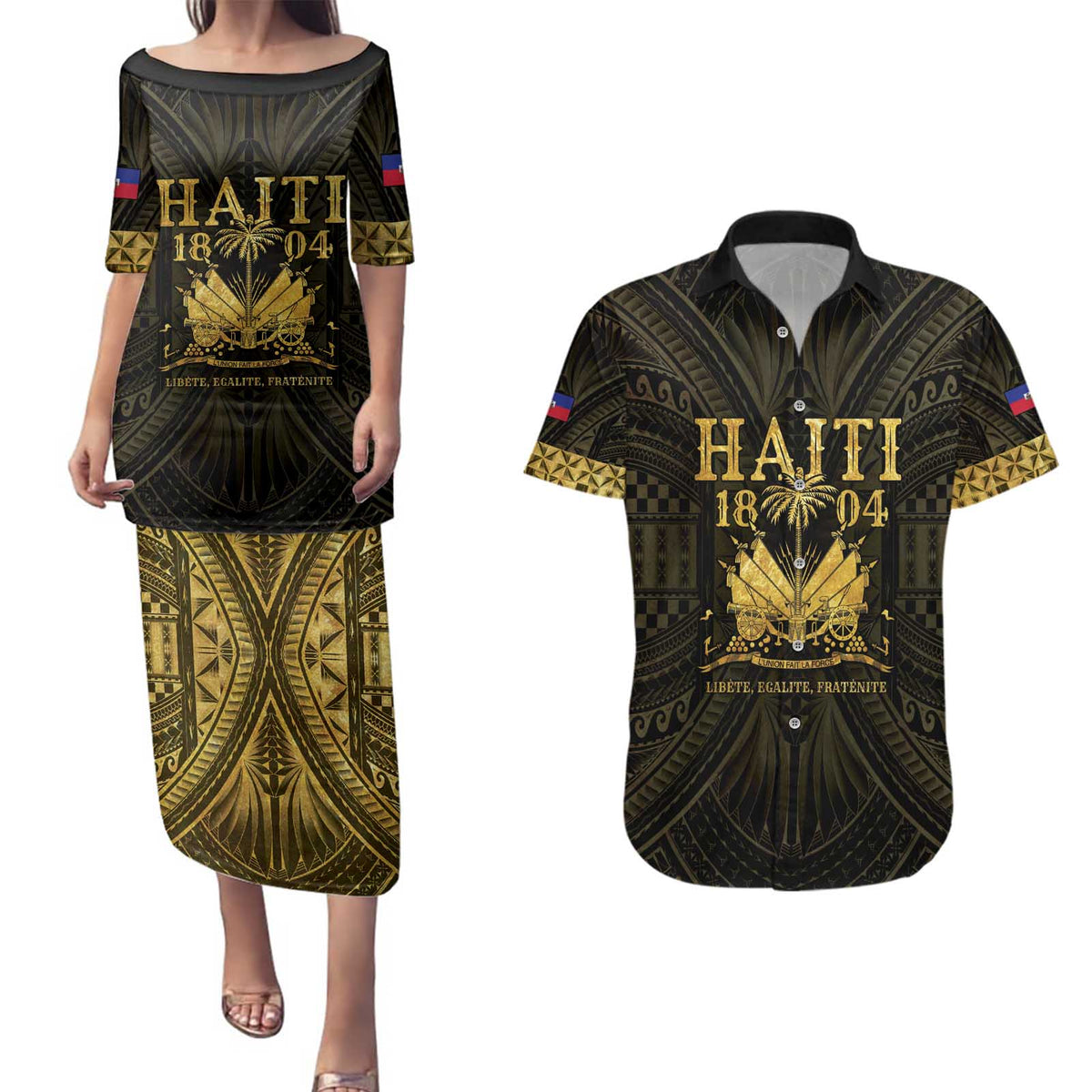 Haiti 1804 Couples Matching Puletasi and Hawaiian Shirt Polynesian Gold Neg Maron