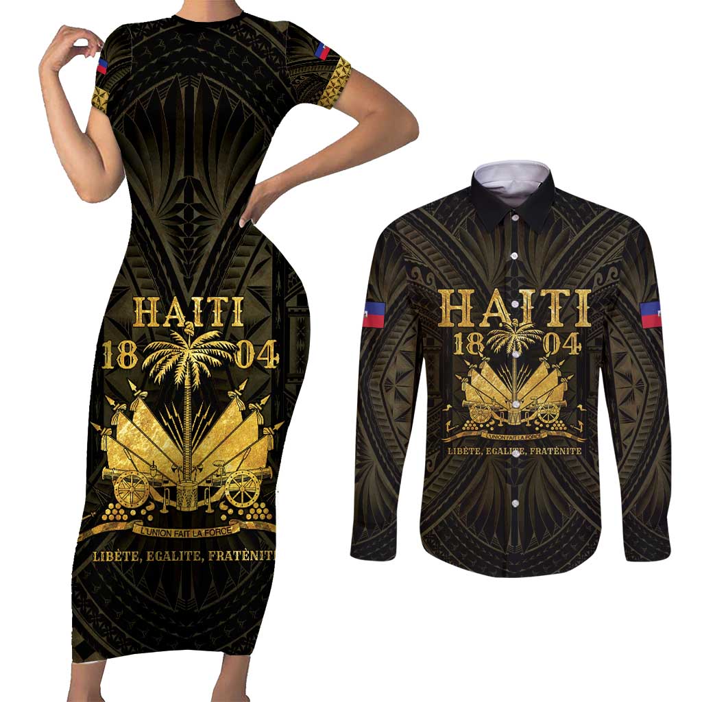 Haiti 1804 Couples Matching Short Sleeve Bodycon Dress and Long Sleeve Button Shirt Polynesian Gold Neg Maron