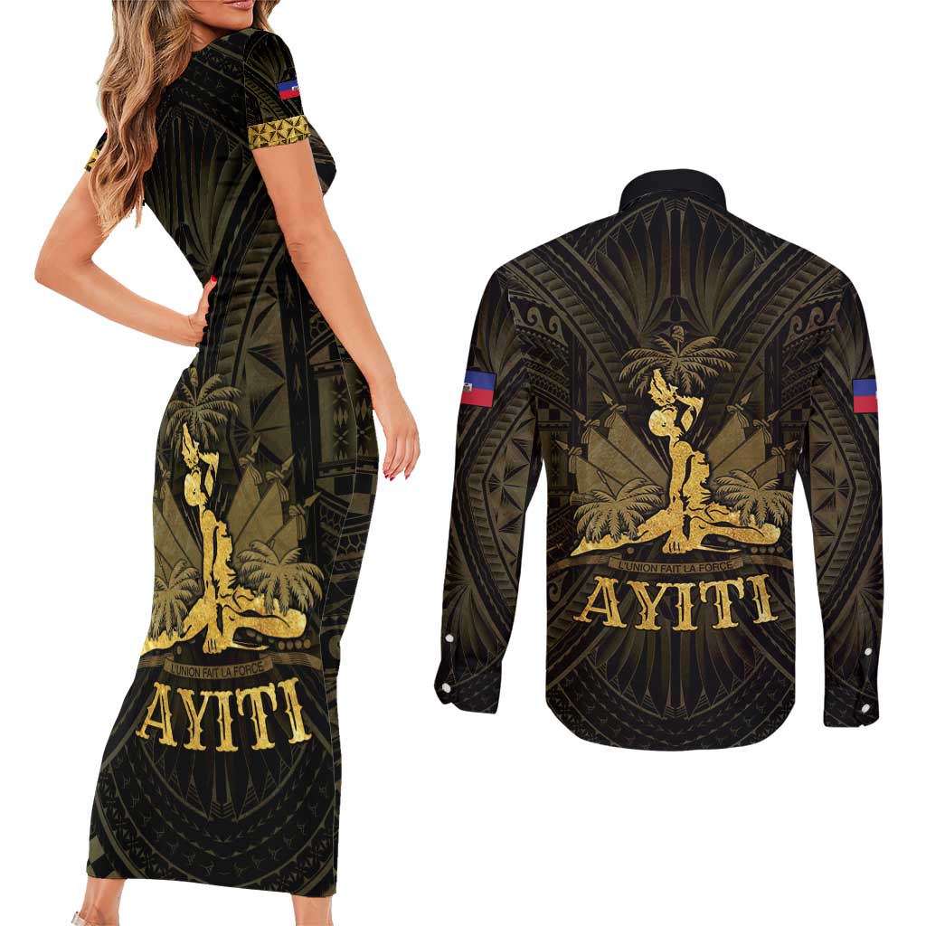 Haiti 1804 Couples Matching Short Sleeve Bodycon Dress and Long Sleeve Button Shirt Polynesian Gold Neg Maron