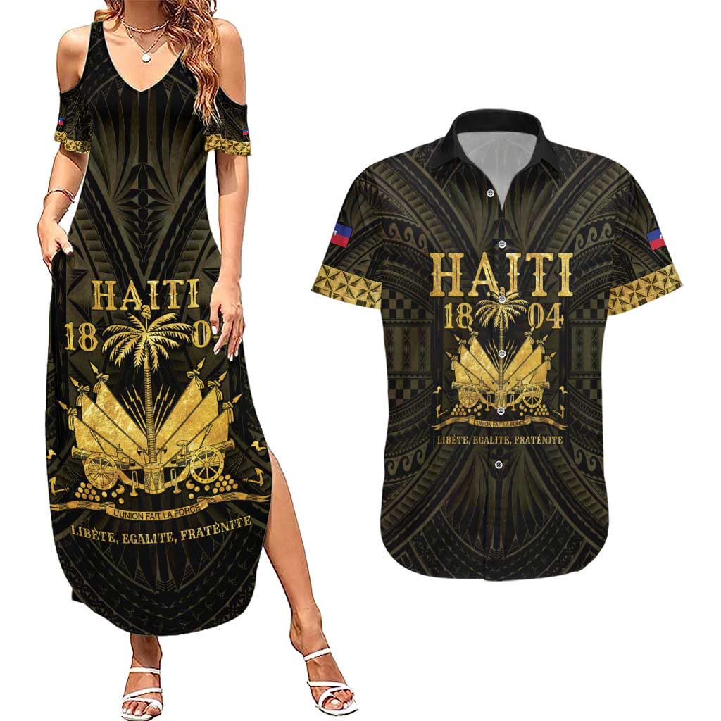 Haiti 1804 Couples Matching Summer Maxi Dress and Hawaiian Shirt Polynesian Gold Neg Maron