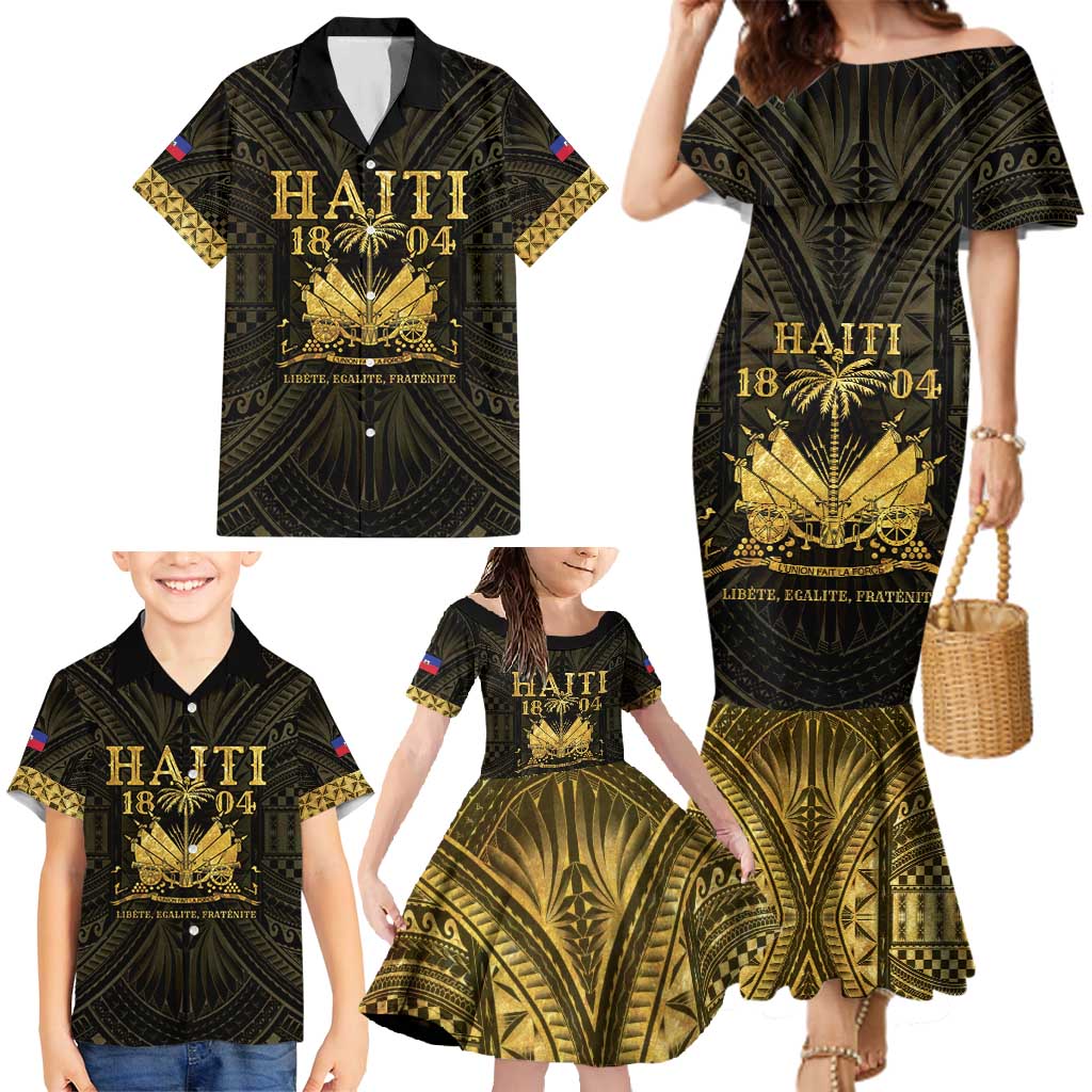 Haiti 1804 Family Matching Mermaid Dress and Hawaiian Shirt Polynesian Gold Neg Maron