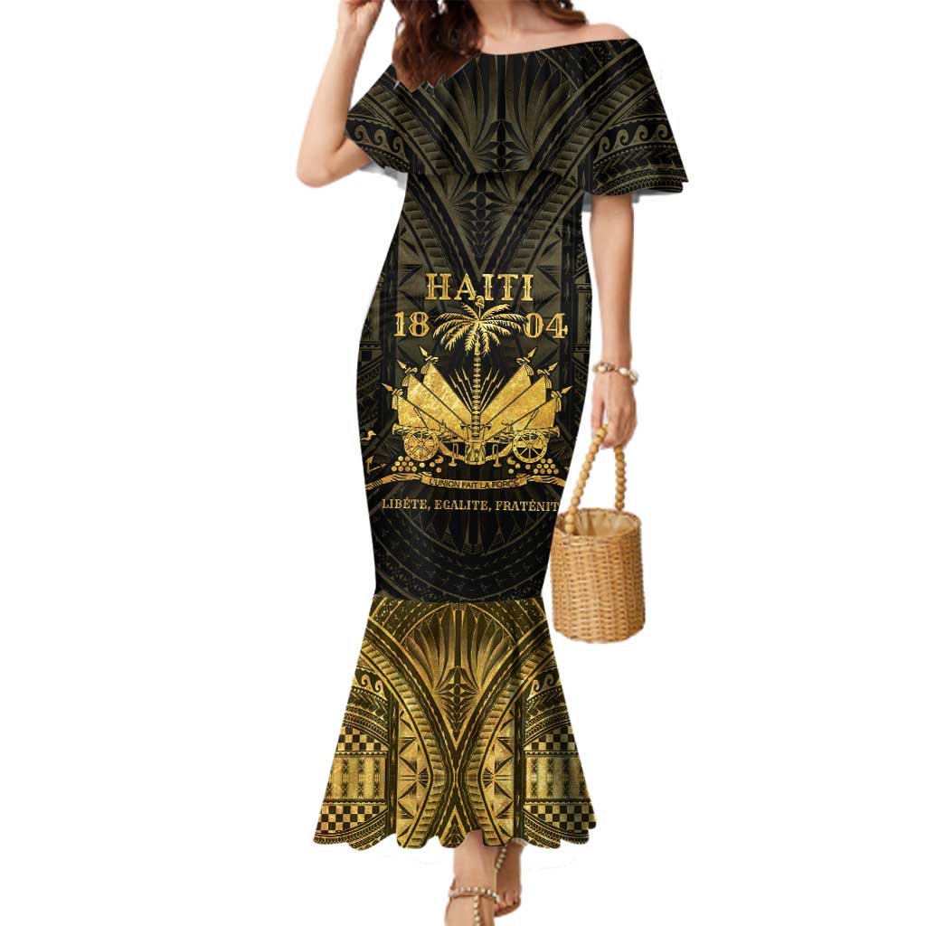 Haiti 1804 Family Matching Mermaid Dress and Hawaiian Shirt Polynesian Gold Neg Maron