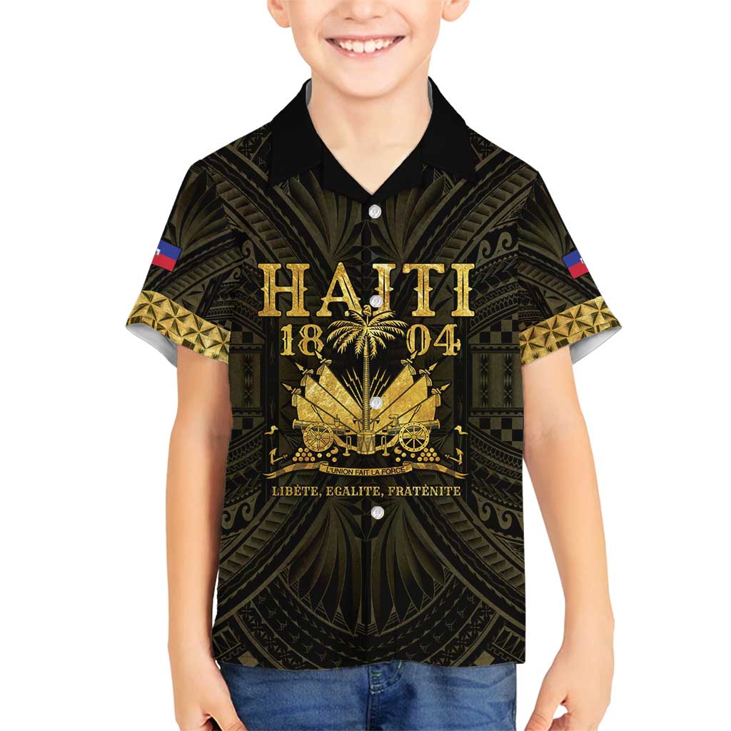 Haiti 1804 Family Matching Off Shoulder Maxi Dress and Hawaiian Shirt Polynesian Gold Neg Maron LT05 Son's Shirt Gold - Polynesian Pride
