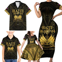 Haiti 1804 Family Matching Short Sleeve Bodycon Dress and Hawaiian Shirt Polynesian Gold Neg Maron