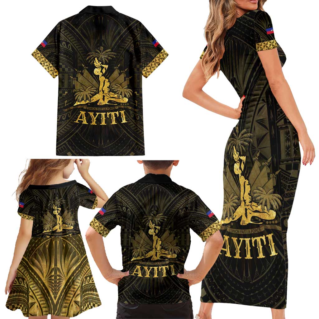Haiti 1804 Family Matching Short Sleeve Bodycon Dress and Hawaiian Shirt Polynesian Gold Neg Maron
