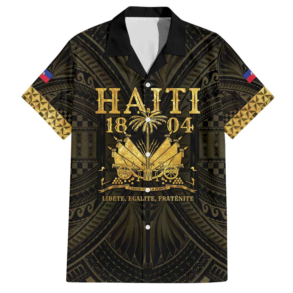 Haiti 1804 Family Matching Short Sleeve Bodycon Dress and Hawaiian Shirt Polynesian Gold Neg Maron