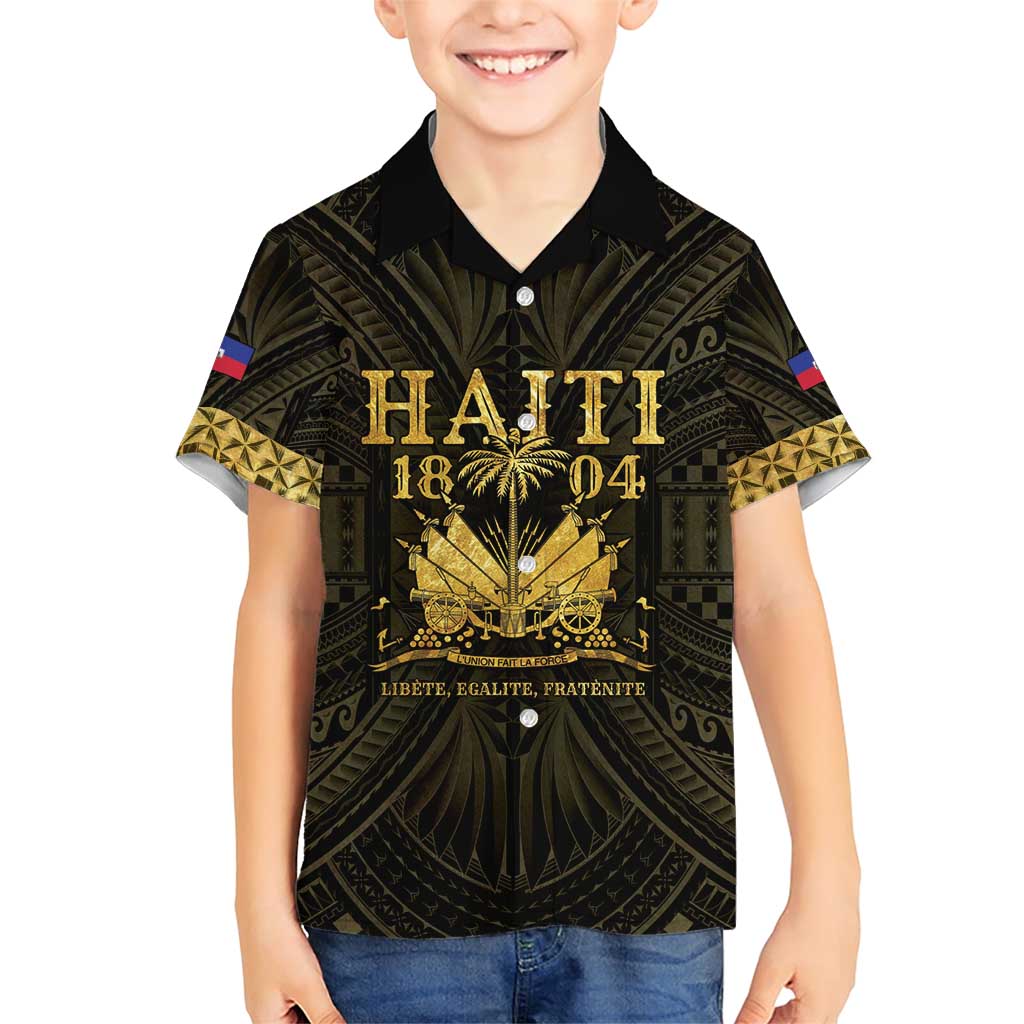 Haiti 1804 Family Matching Short Sleeve Bodycon Dress and Hawaiian Shirt Polynesian Gold Neg Maron