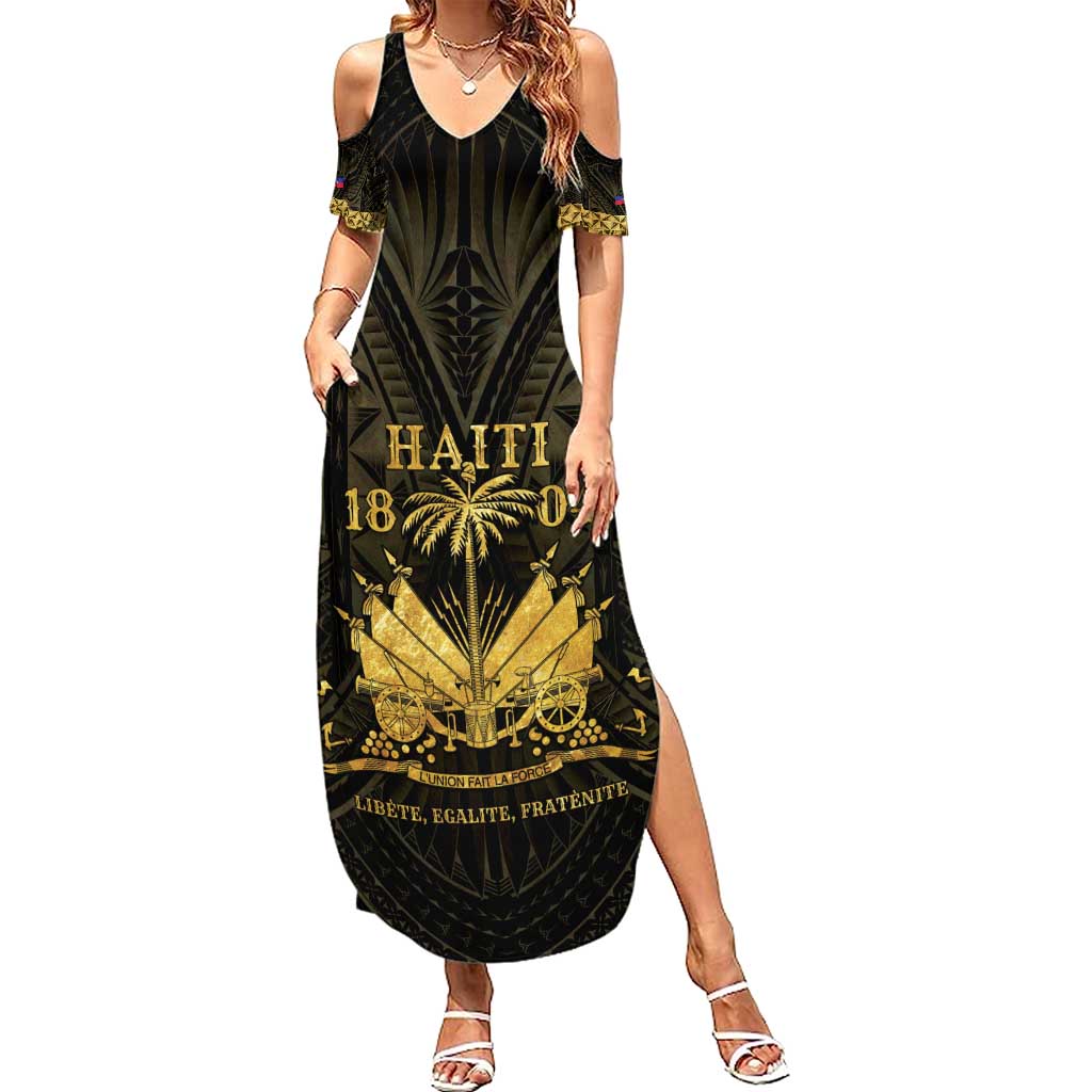 Haiti 1804 Family Matching Summer Maxi Dress and Hawaiian Shirt Polynesian Gold Neg Maron LT05 Mom's Dress Gold - Polynesian Pride