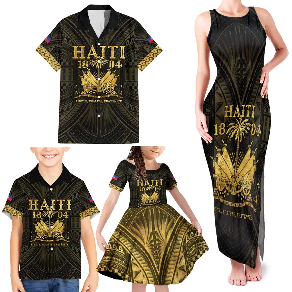Haiti 1804 Family Matching Tank Maxi Dress and Hawaiian Shirt Polynesian Gold Neg Maron