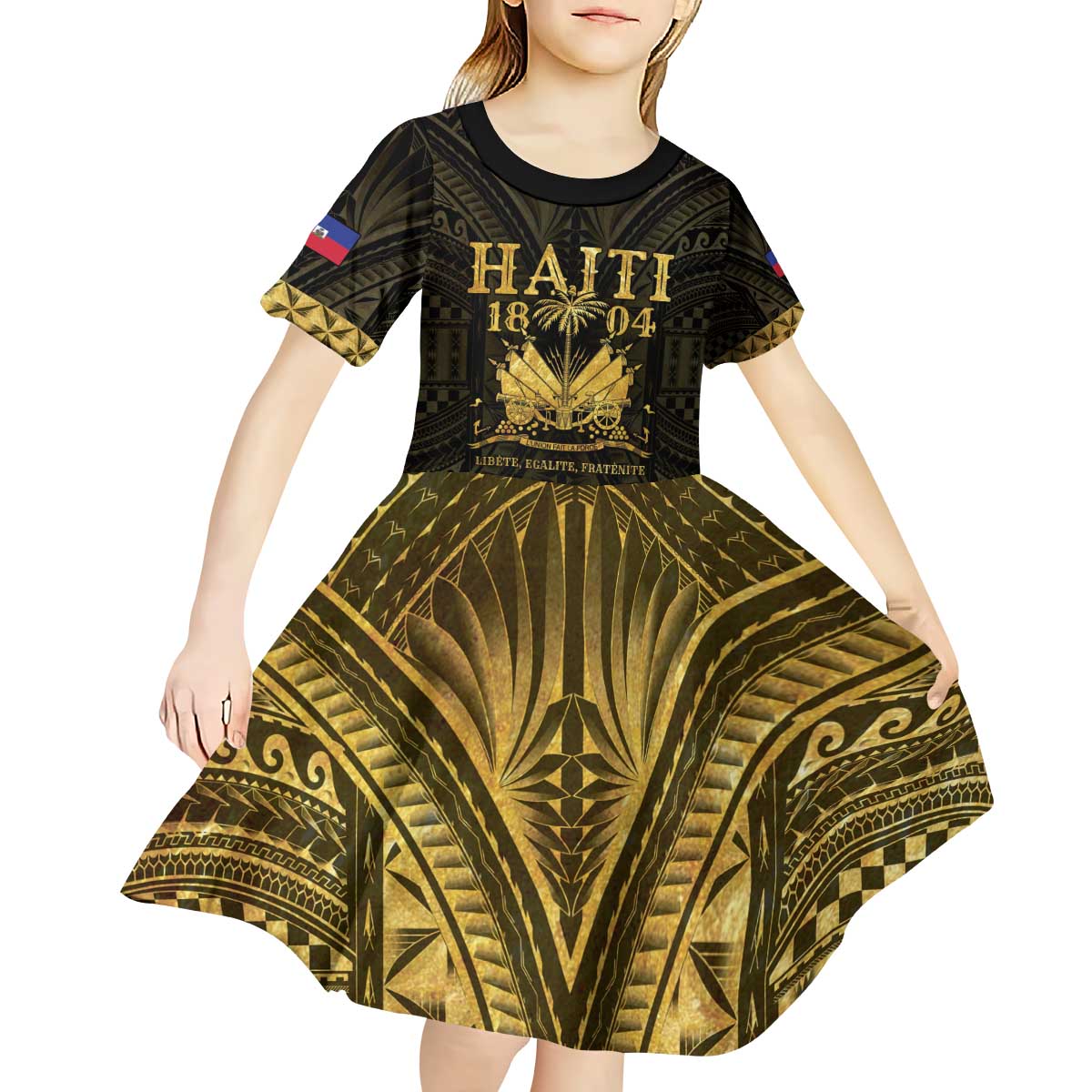 Haiti 1804 Kid Short Sleeve Dress Polynesian Gold Neg Maron LT05 - Polynesian Pride
