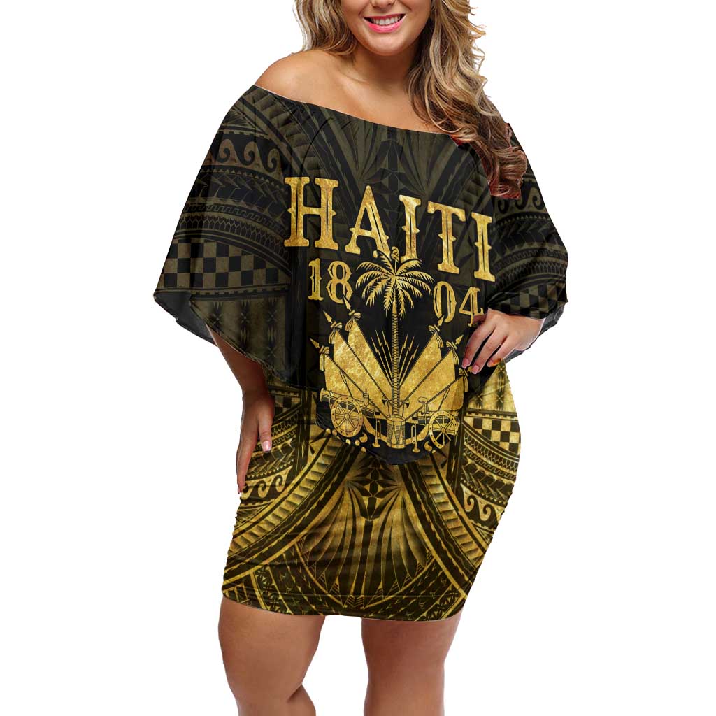 Haiti 1804 Off Shoulder Short Dress Polynesian Gold Neg Maron