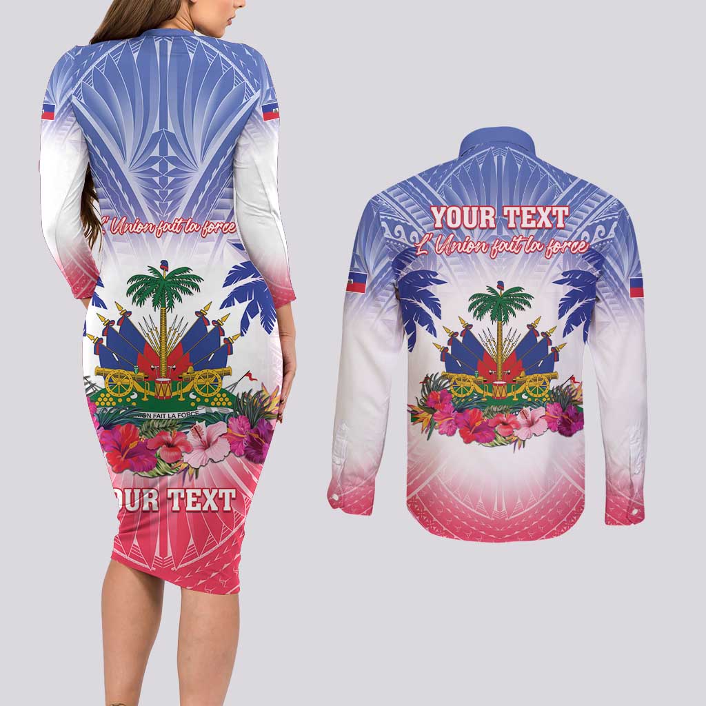 Personalised Haiti Independence Day Couples Matching Long Sleeve Bodycon Dress and Long Sleeve Button Shirt Neg Maron Polynesian Style LT05