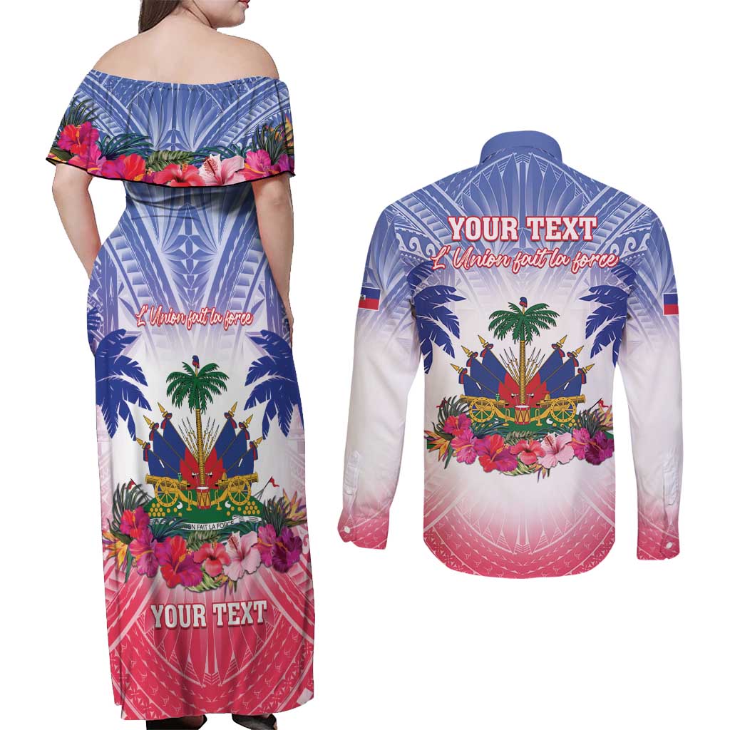 Personalised Haiti Independence Day Couples Matching Off Shoulder Maxi Dress and Long Sleeve Button Shirt Neg Maron Polynesian Style LT05