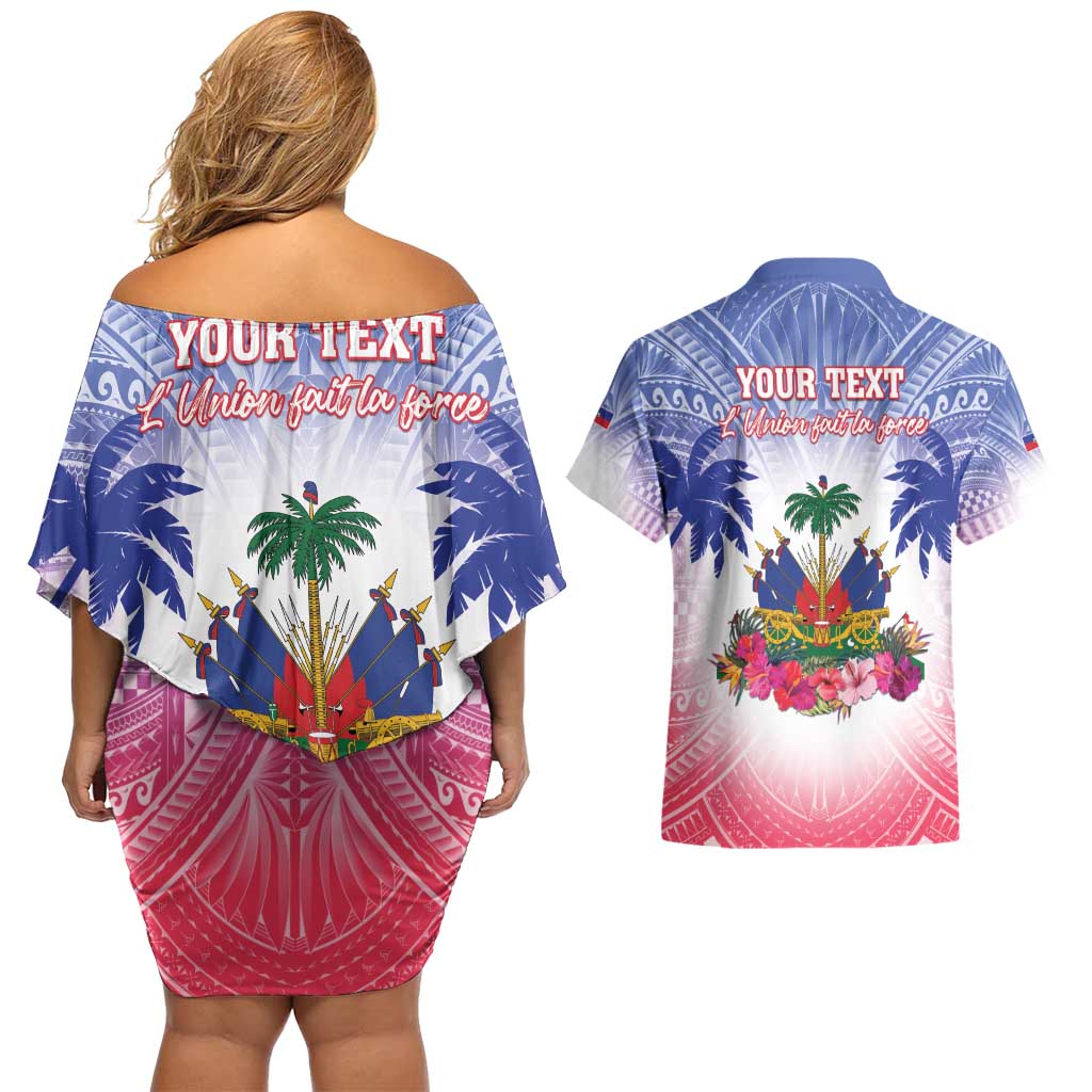Personalised Haiti Independence Day Couples Matching Off Shoulder Short Dress and Hawaiian Shirt Neg Maron Polynesian Style LT05