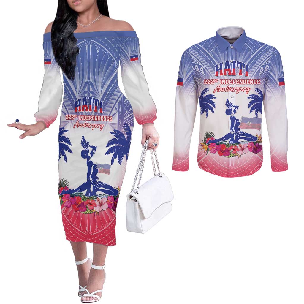 Personalised Haiti Independence Day Couples Matching Off The Shoulder Long Sleeve Dress and Long Sleeve Button Shirt Neg Maron Polynesian Style LT05