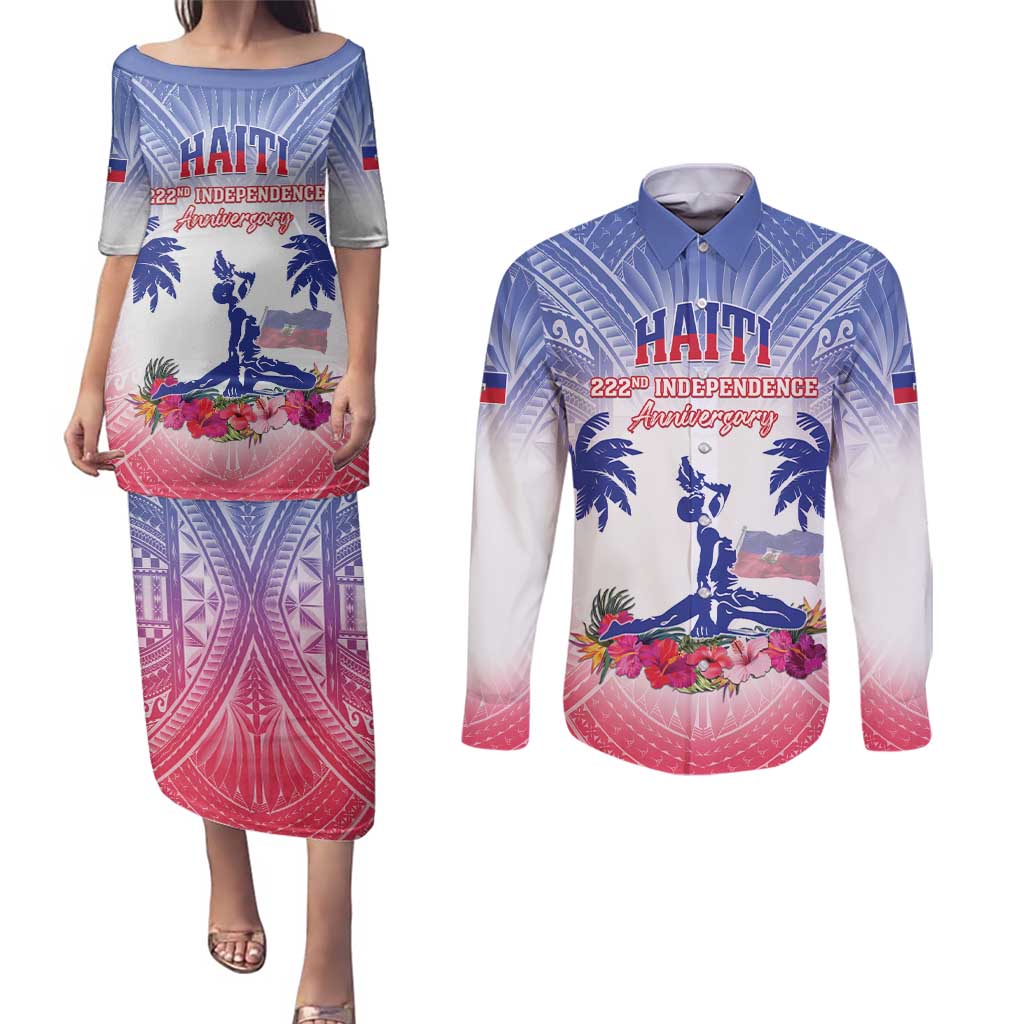 Personalised Haiti Independence Day Couples Matching Puletasi and Long Sleeve Button Shirt Neg Maron Polynesian Style LT05