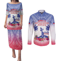 Personalised Haiti Independence Day Couples Matching Puletasi and Long Sleeve Button Shirt Neg Maron Polynesian Style LT05