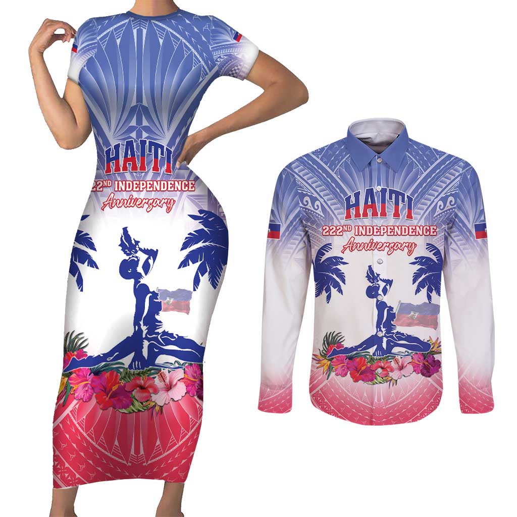 Personalised Haiti Independence Day Couples Matching Short Sleeve Bodycon Dress and Long Sleeve Button Shirt Neg Maron Polynesian Style LT05