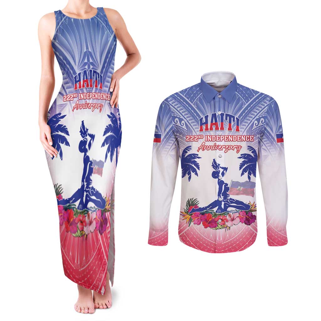 Personalised Haiti Independence Day Couples Matching Tank Maxi Dress and Long Sleeve Button Shirt Neg Maron Polynesian Style LT05