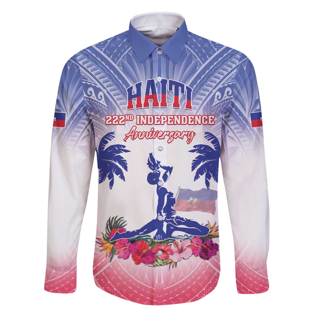 Personalised Haiti Independence Day Family Matching Off The Shoulder Long Sleeve Dress and Hawaiian Shirt Neg Maron Polynesian Style LT05 Dad's Shirt - Long Sleeve Blue - Polynesian Pride
