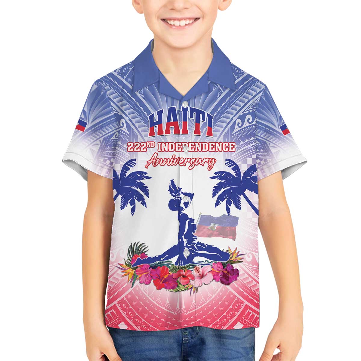Personalised Haiti Independence Day Family Matching Off The Shoulder Long Sleeve Dress and Hawaiian Shirt Neg Maron Polynesian Style LT05 Son's Shirt Blue - Polynesian Pride