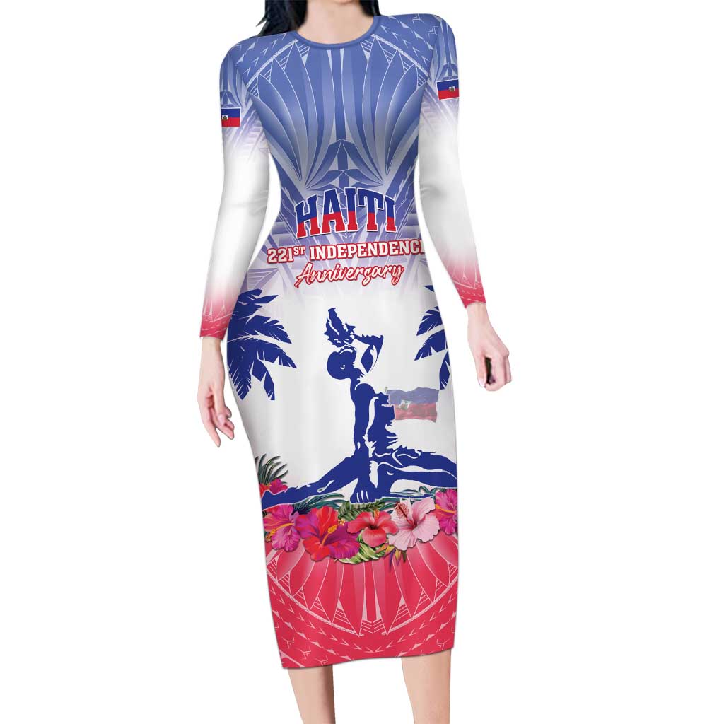 Personalised Haiti Independence Day Long Sleeve Bodycon Dress Neg Maron Polynesian Style LT05