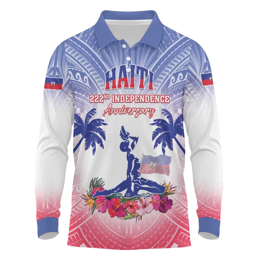 Personalised Haiti Independence Day Long Sleeve Polo Shirt Neg Maron Polynesian Style LT05 Blue - Polynesian Pride
