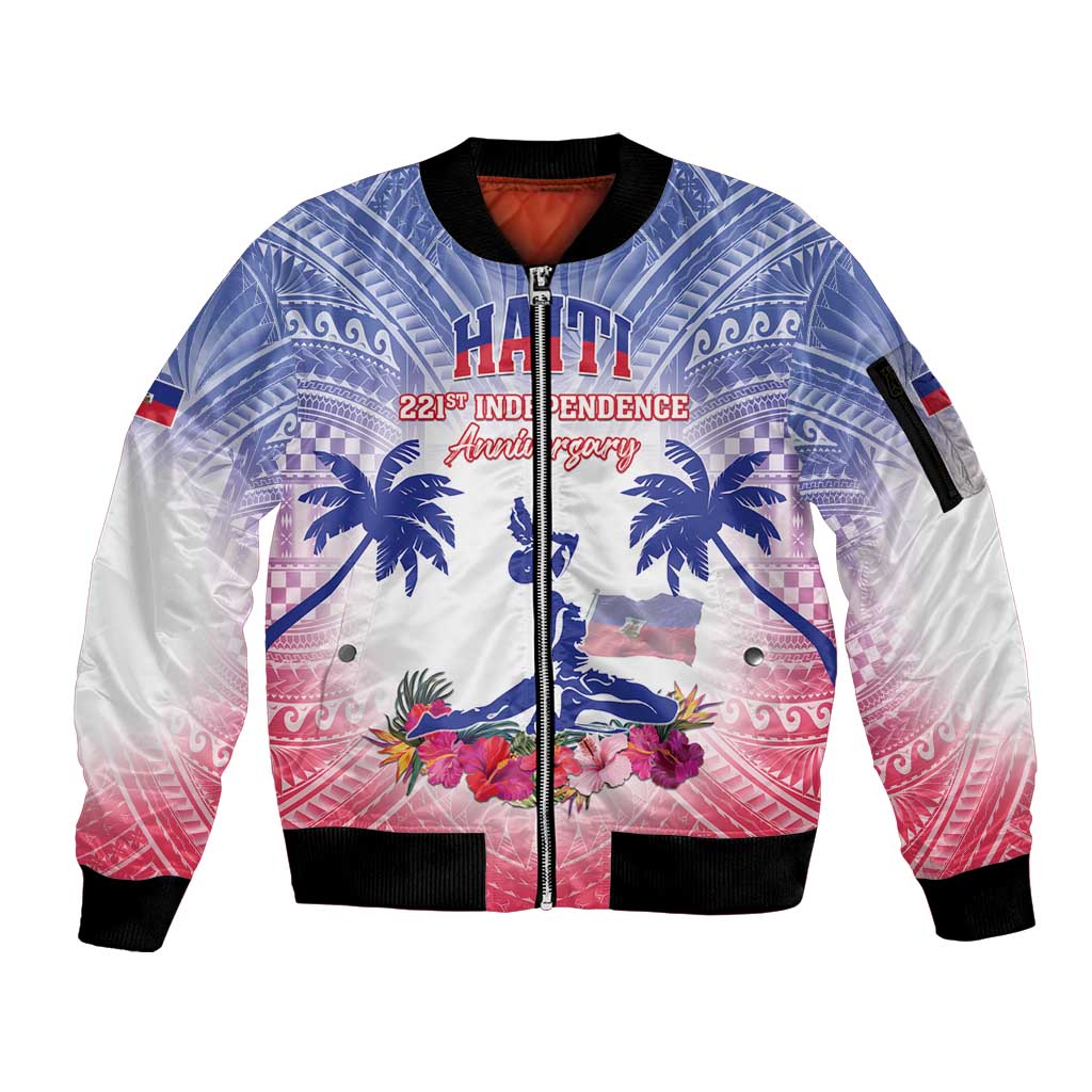 Personalised Haiti Independence Day Sleeve Zip Bomber Jacket Neg Maron Polynesian Style LT05