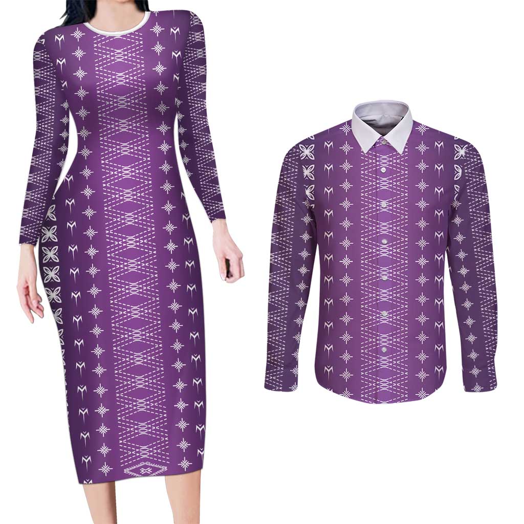 Purple Samoa Malu Tattoo Inspired Couples Matching Long Sleeve Bodycon Dress and Long Sleeve Button Shirt - Polynesian Pride