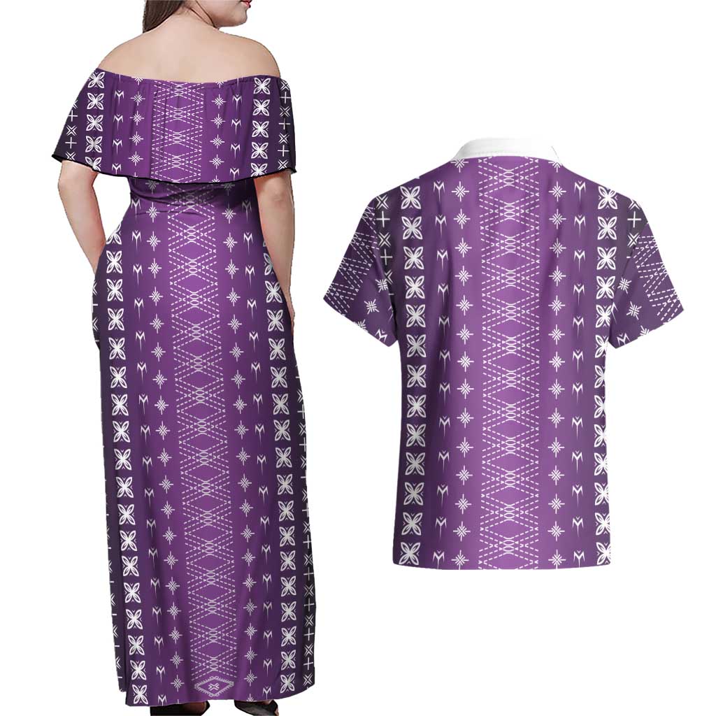 Purple Samoa Malu Tattoo Inspired Couples Matching Off Shoulder Maxi Dress and Hawaiian Shirt - Polynesian Pride