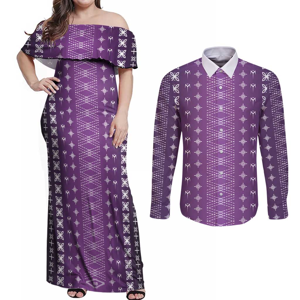 Purple Samoa Malu Tattoo Inspired Couples Matching Off Shoulder Maxi Dress and Long Sleeve Button Shirt - Polynesian Pride