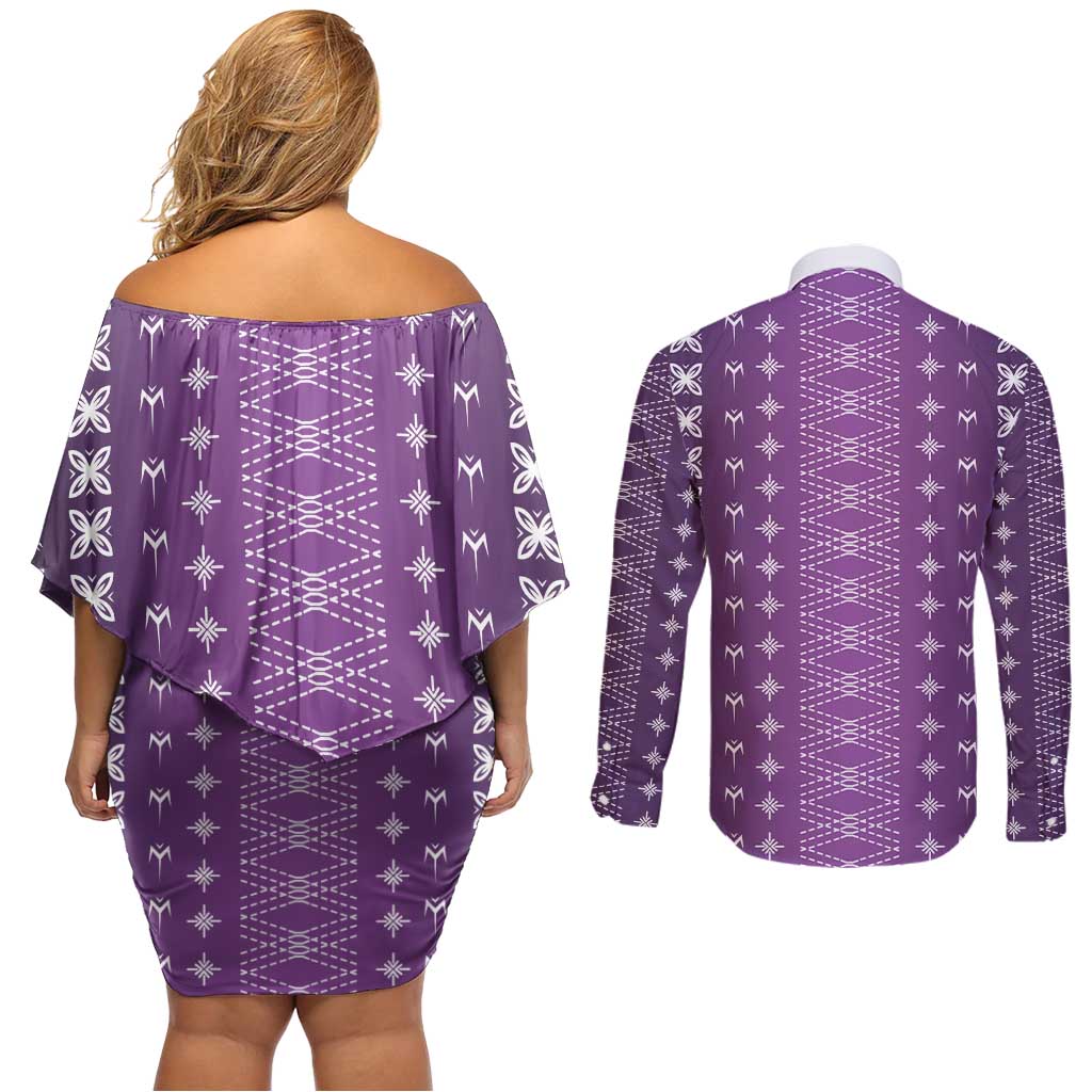 Purple Samoa Malu Tattoo Inspired Couples Matching Off Shoulder Short Dress and Long Sleeve Button Shirt - Polynesian Pride