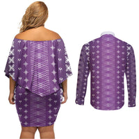 Purple Samoa Malu Tattoo Inspired Couples Matching Off Shoulder Short Dress and Long Sleeve Button Shirt - Polynesian Pride