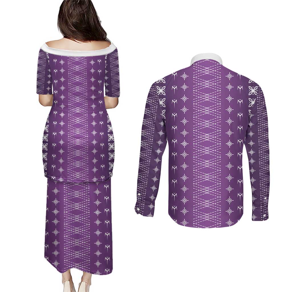 Purple Samoa Malu Tattoo Inspired Couples Matching Puletasi and Long Sleeve Button Shirt - Polynesian Pride