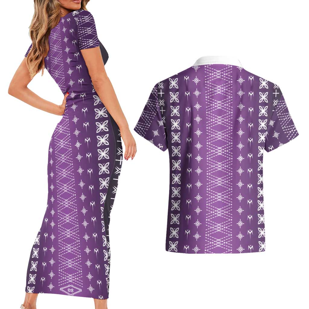 Purple Samoa Malu Tattoo Inspired Couples Matching Short Sleeve Bodycon Dress and Hawaiian Shirt - Polynesian Pride