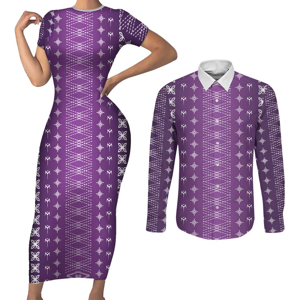 Purple Samoa Malu Tattoo Inspired Couples Matching Short Sleeve Bodycon Dress and Long Sleeve Button Shirt - Polynesian Pride