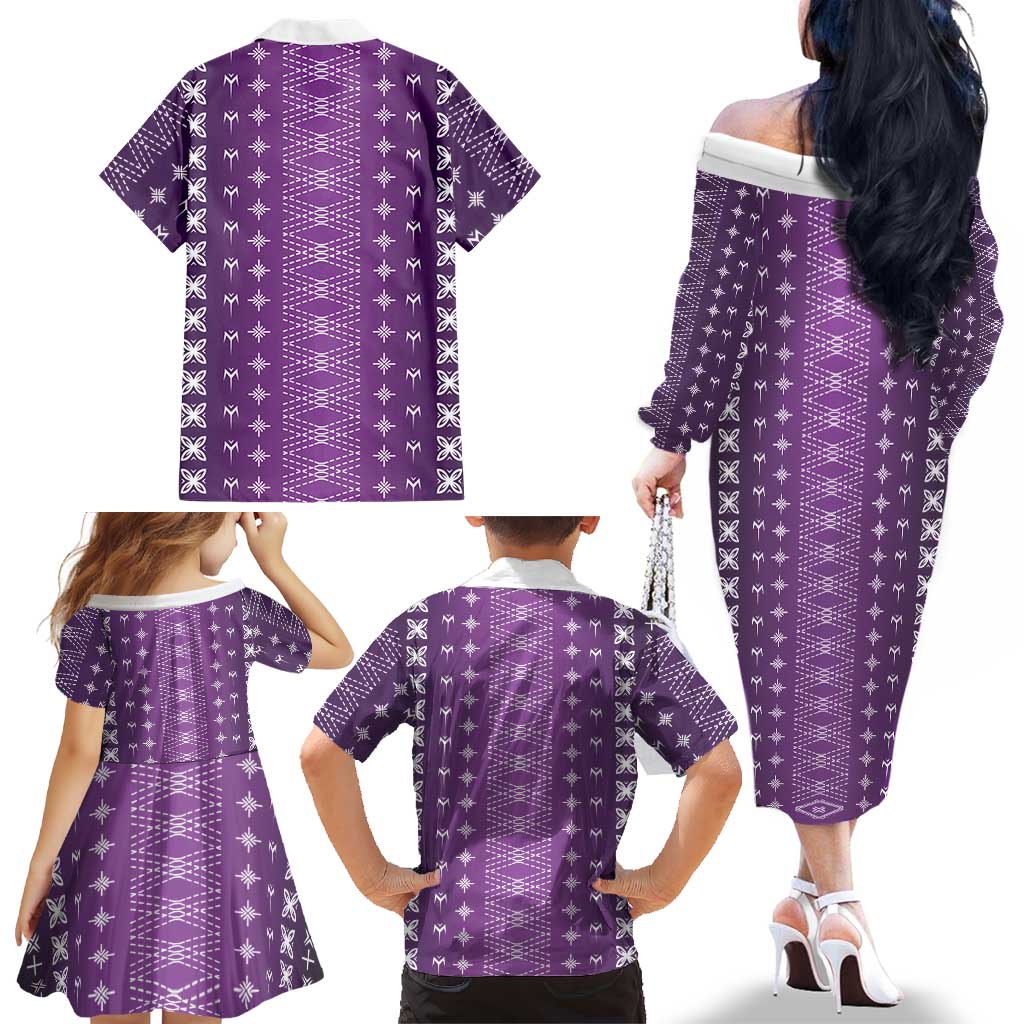 Purple Samoa Malu Tattoo Inspired Family Matching Off The Shoulder Long Sleeve Dress and Hawaiian Shirt LT05 - Polynesian Pride