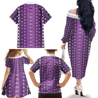 Purple Samoa Malu Tattoo Inspired Family Matching Off The Shoulder Long Sleeve Dress and Hawaiian Shirt LT05 - Polynesian Pride