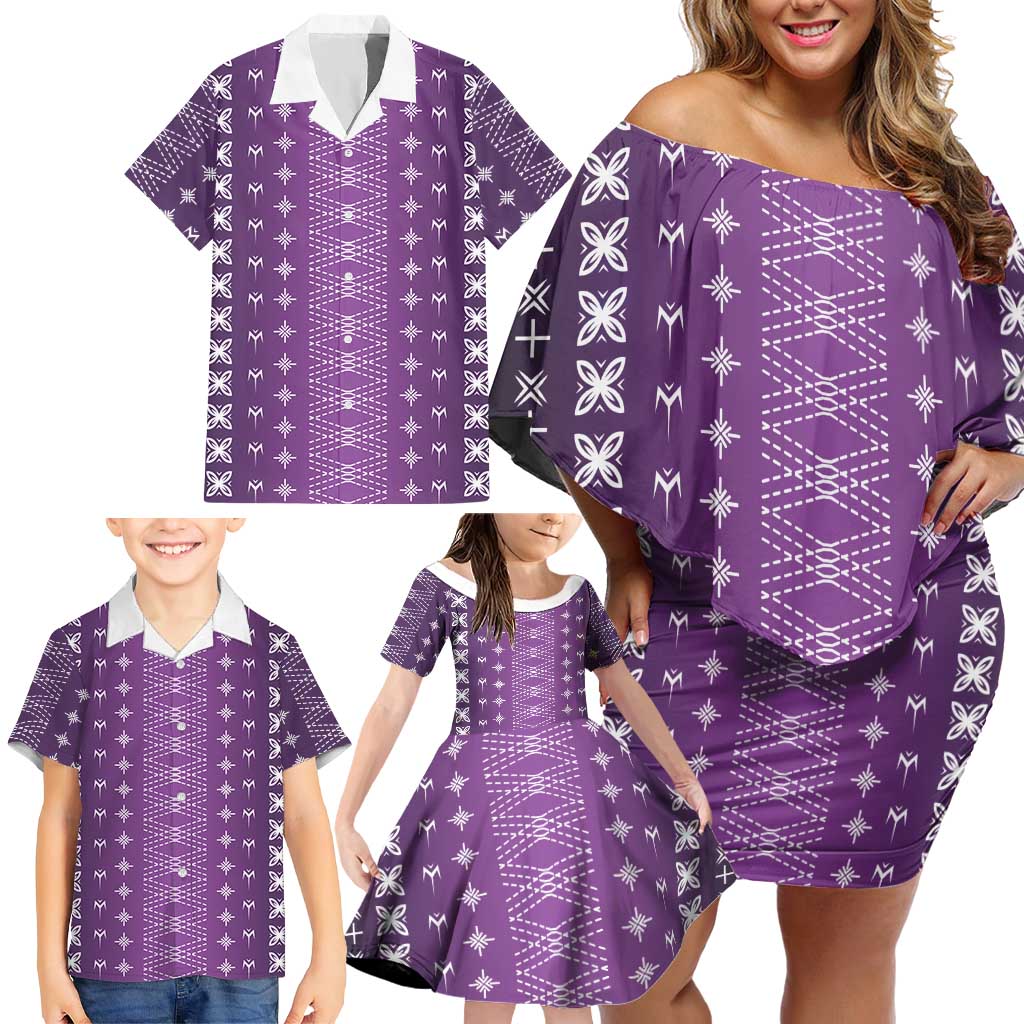 Purple Samoa Malu Tattoo Inspired Family Matching Off Shoulder Short Dress and Hawaiian Shirt - Polynesian Pride