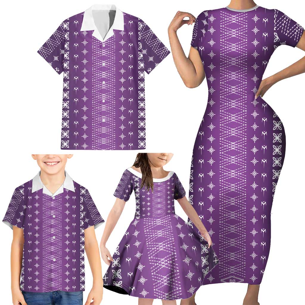 Purple Samoa Malu Tattoo Inspired Family Matching Short Sleeve Bodycon Dress and Hawaiian Shirt - Polynesian Pride