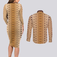 Beige Samoa Malu Tattoo Inspired Couples Matching Long Sleeve Bodycon Dress and Long Sleeve Button Shirt - Polynesian Pride