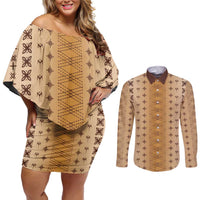 Beige Samoa Malu Tattoo Inspired Couples Matching Off Shoulder Short Dress and Long Sleeve Button Shirt - Polynesian Pride
