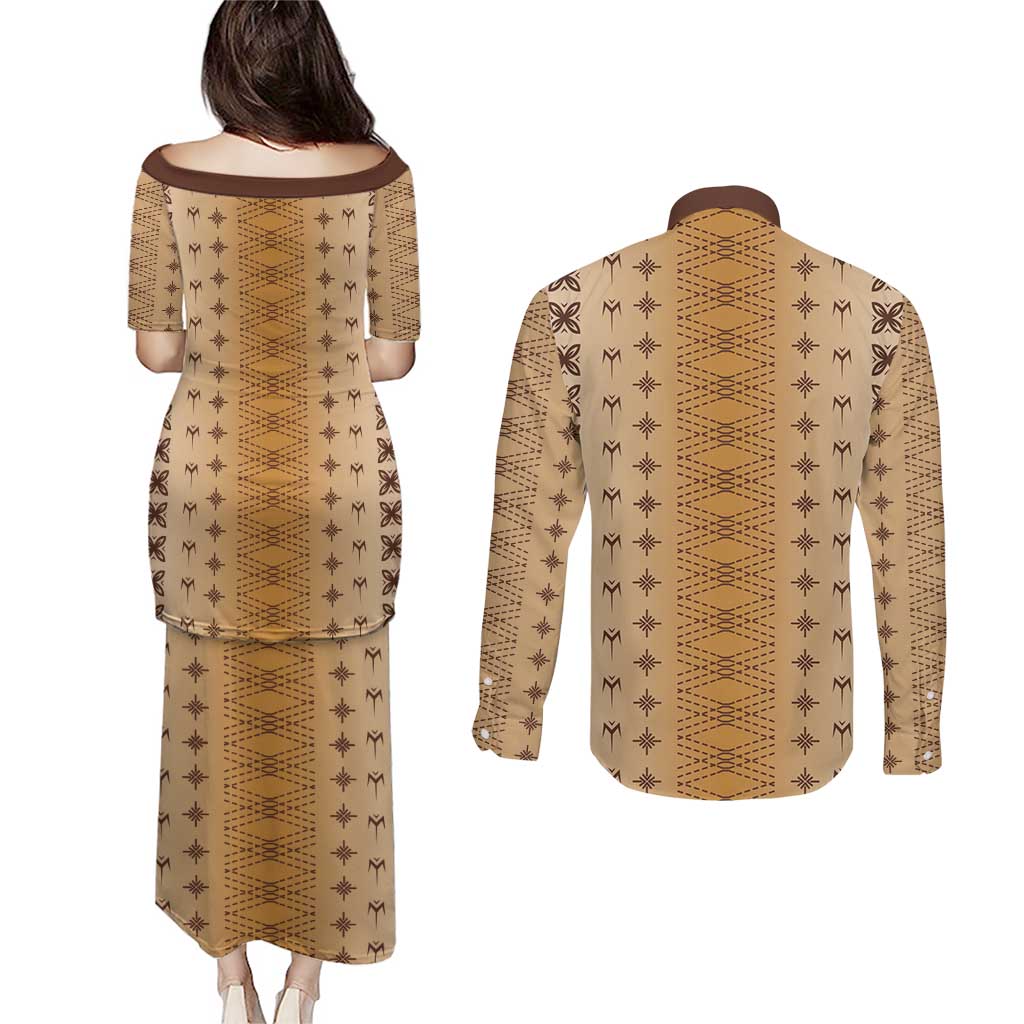 Beige Samoa Malu Tattoo Inspired Couples Matching Puletasi and Long Sleeve Button Shirt - Polynesian Pride