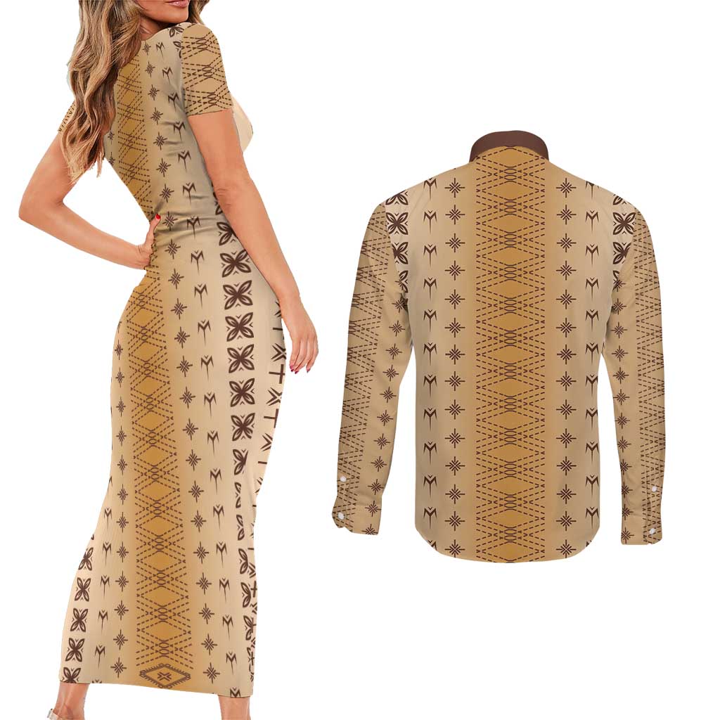 Beige Samoa Malu Tattoo Inspired Couples Matching Short Sleeve Bodycon Dress and Long Sleeve Button Shirt - Polynesian Pride