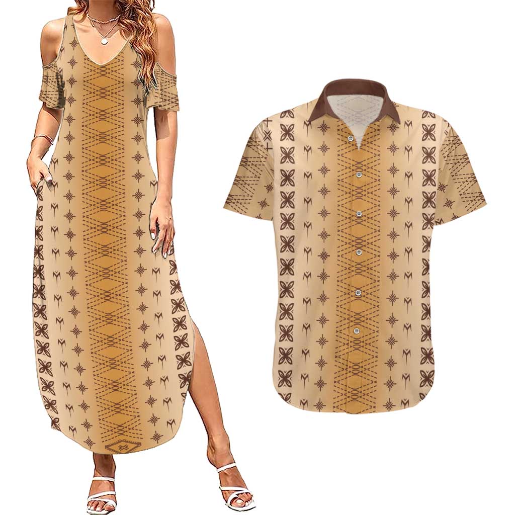 Beige Samoa Malu Tattoo Inspired Couples Matching Summer Maxi Dress and Hawaiian Shirt - Polynesian Pride