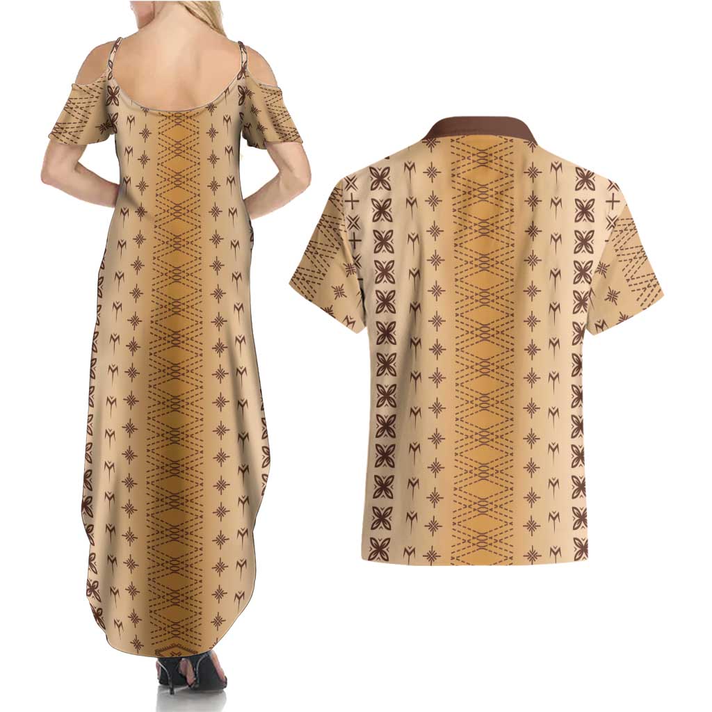 Beige Samoa Malu Tattoo Inspired Couples Matching Summer Maxi Dress and Hawaiian Shirt - Polynesian Pride