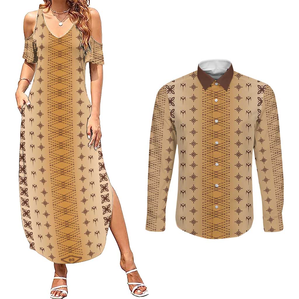 Beige Samoa Malu Tattoo Inspired Couples Matching Summer Maxi Dress and Long Sleeve Button Shirt - Polynesian Pride
